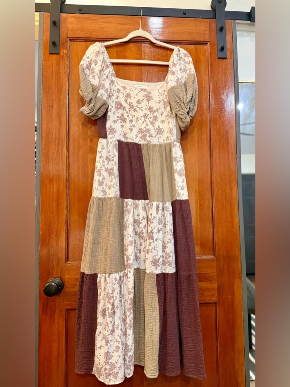 Neuflora Claremore Patchwork Floral Maxi Dress in Cream, Taupe & Burgundy